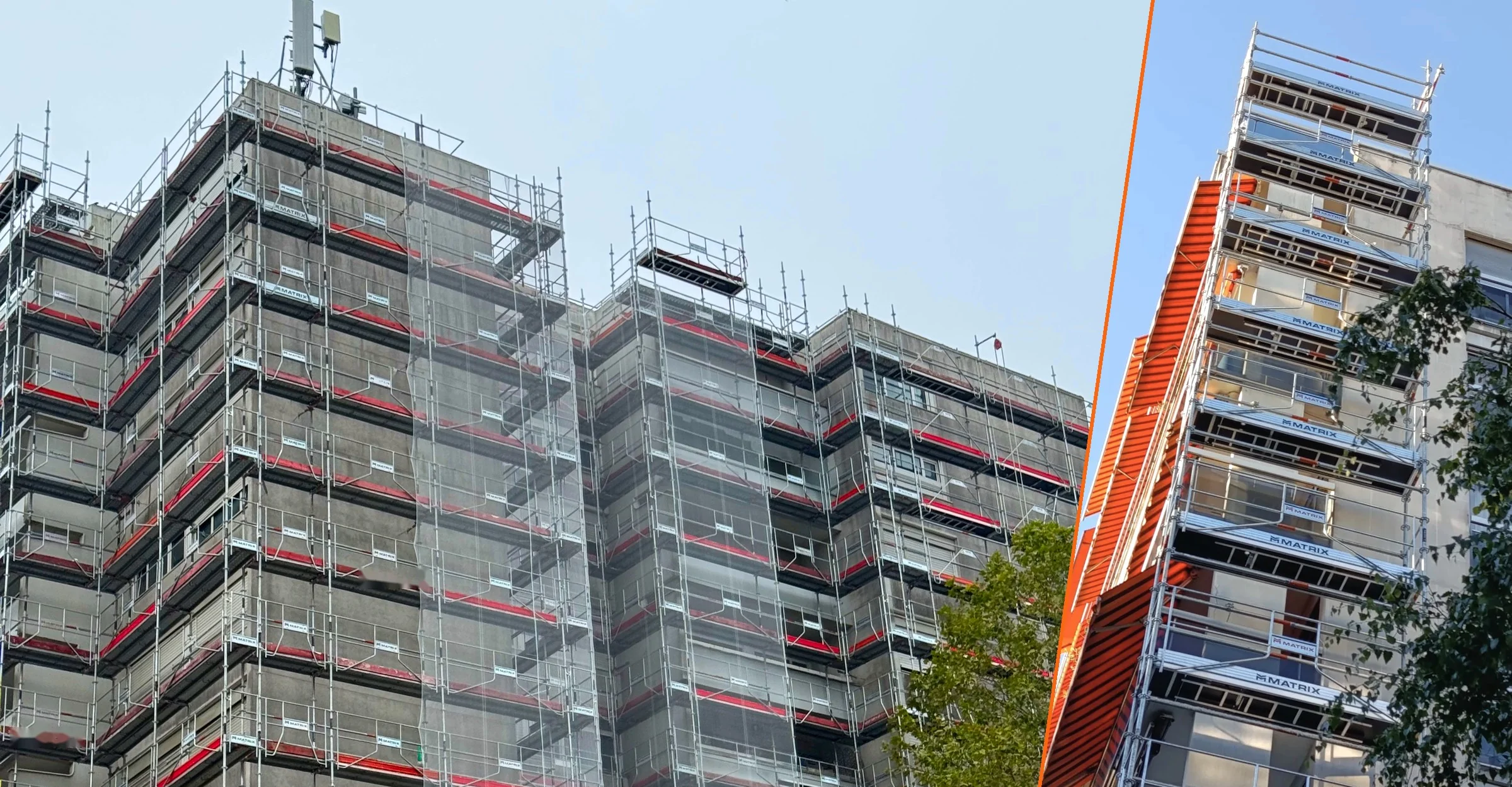 Échafaudages Matrix Service : tour de grande hauteur et sapine d’accès aux planchers Matrix en Île-de-France